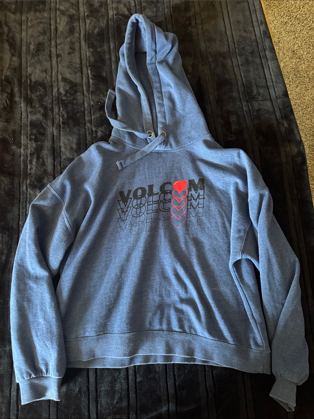 Volcom Blue Pullover Hoodie with Red Heart Print